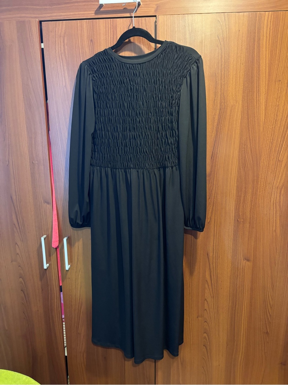 Zara Black Long Sleeve Smocked Bodice Midi Dress